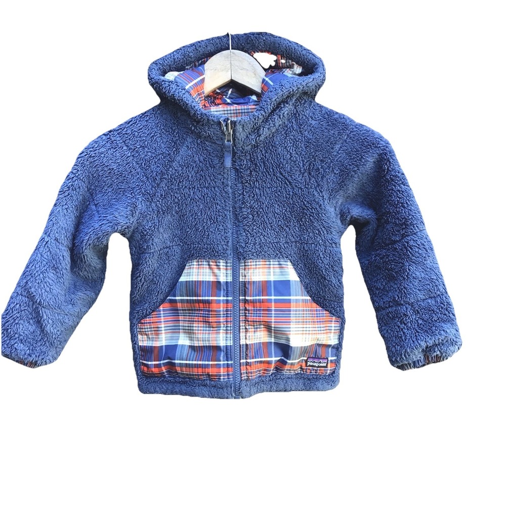 Patagonia Reversible Fleece Hooded Jacket Kids Plaid Blue Youth Toddler